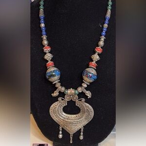 Handcrafted tribal Silver and Blue Beaded Necklace from Nepal